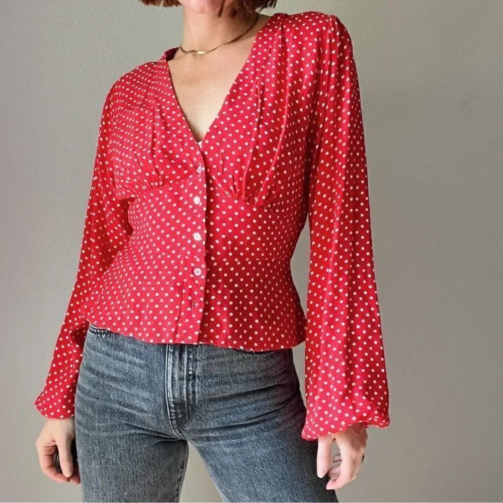 Free People Love Street Red White Polka Dot Long Sleeves Chic Stylish Blouse M